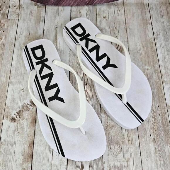 Women's DKNY White and Black Logo Flip Flops Size 7 - Picture 2 of 5